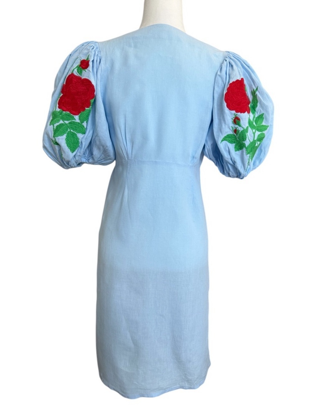 Fanm Mon Nif Linen Mini Dress XS Blue Floral Embroidered Resort Euro Summer - Picture 4 of 13